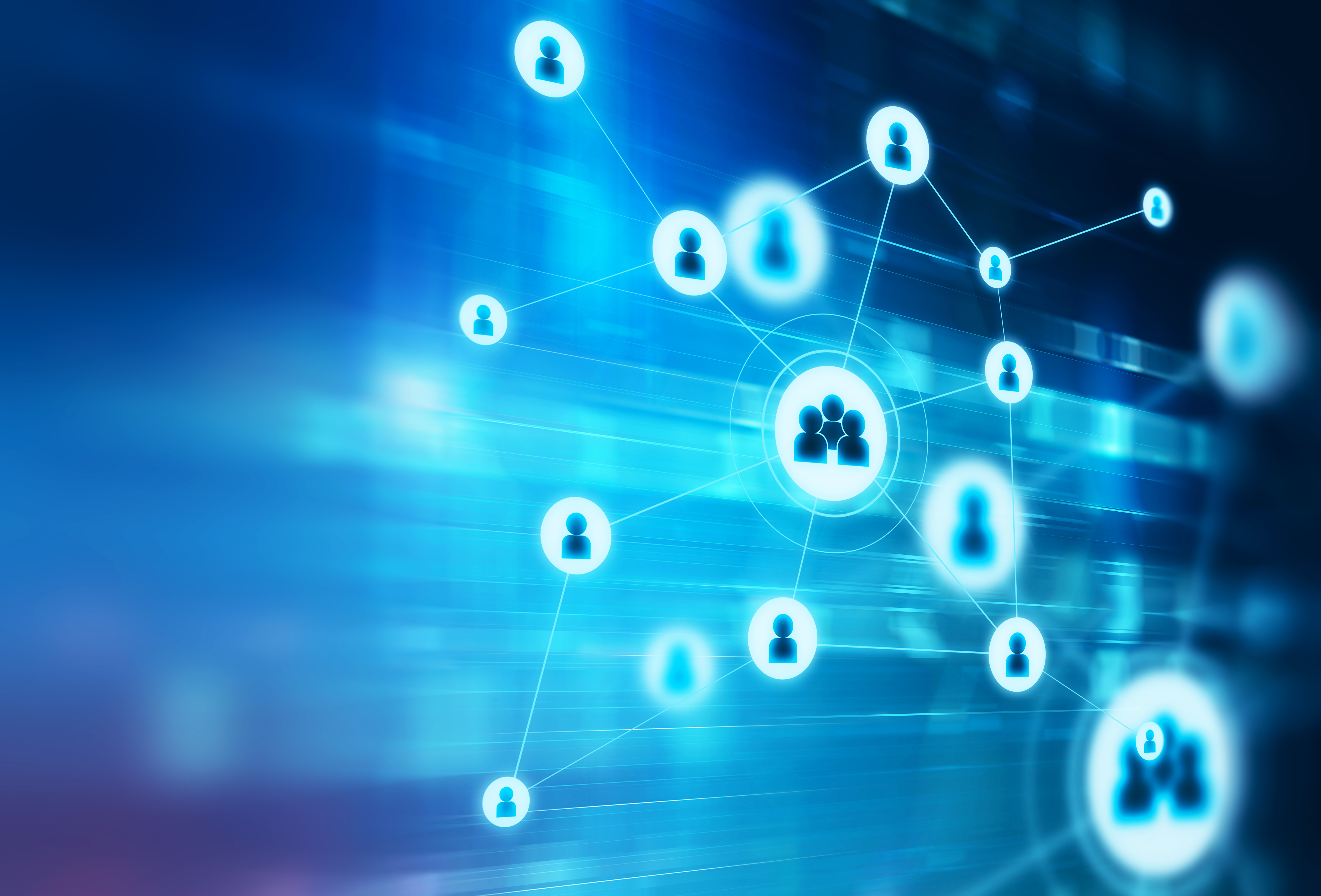 Blue-white nodes depicting simple navy human figures, alone and in groups, are interspersed and overlaid against a background in varying shades of blue from light to dark. The nodes are connected by cyan lines and taken together resemble a spider web, with the nodes containing grouped figures at the centre and individuals at the periphery.