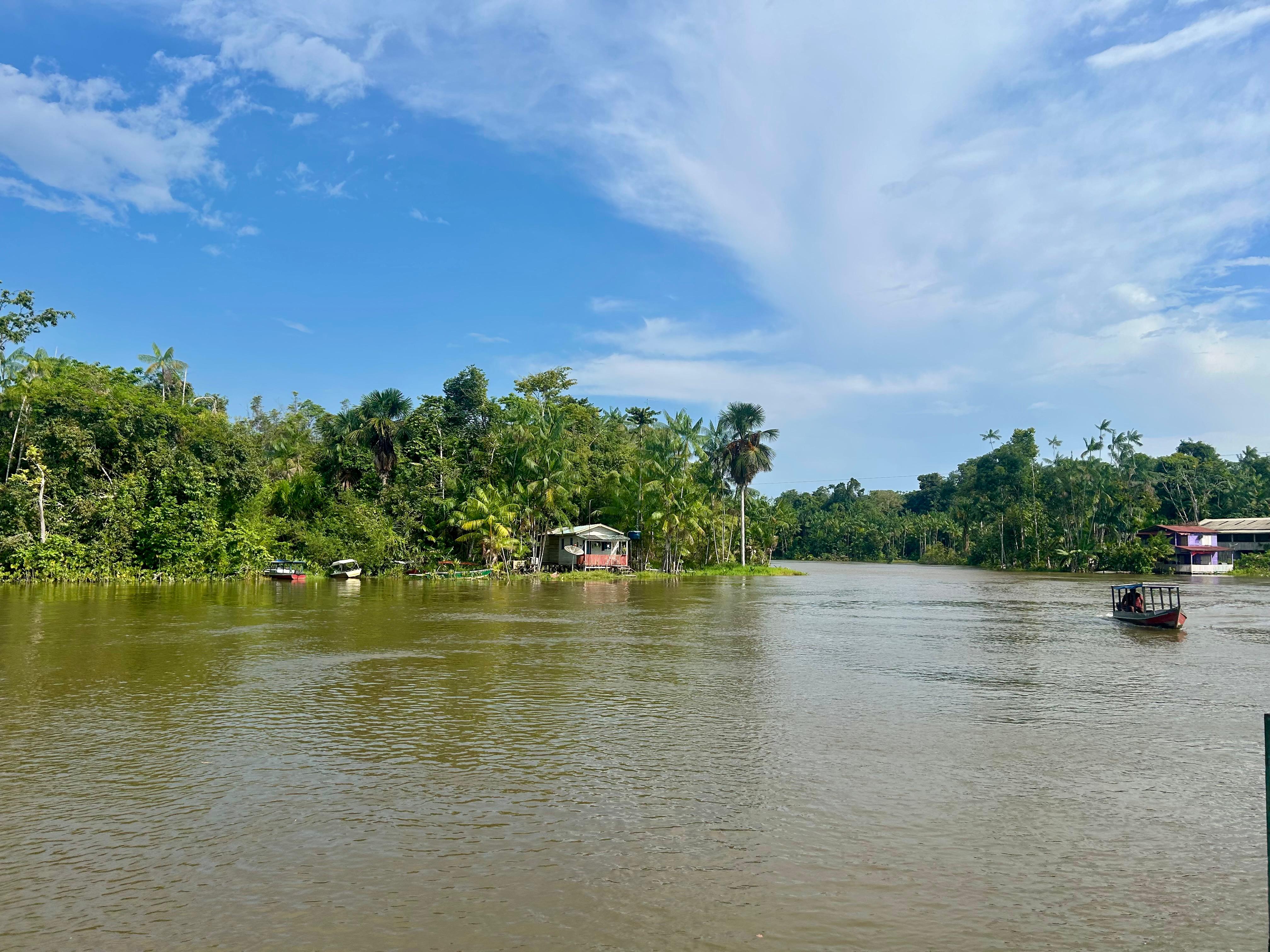 A wide shot of a river and forested bank beneath a bright blue sky.