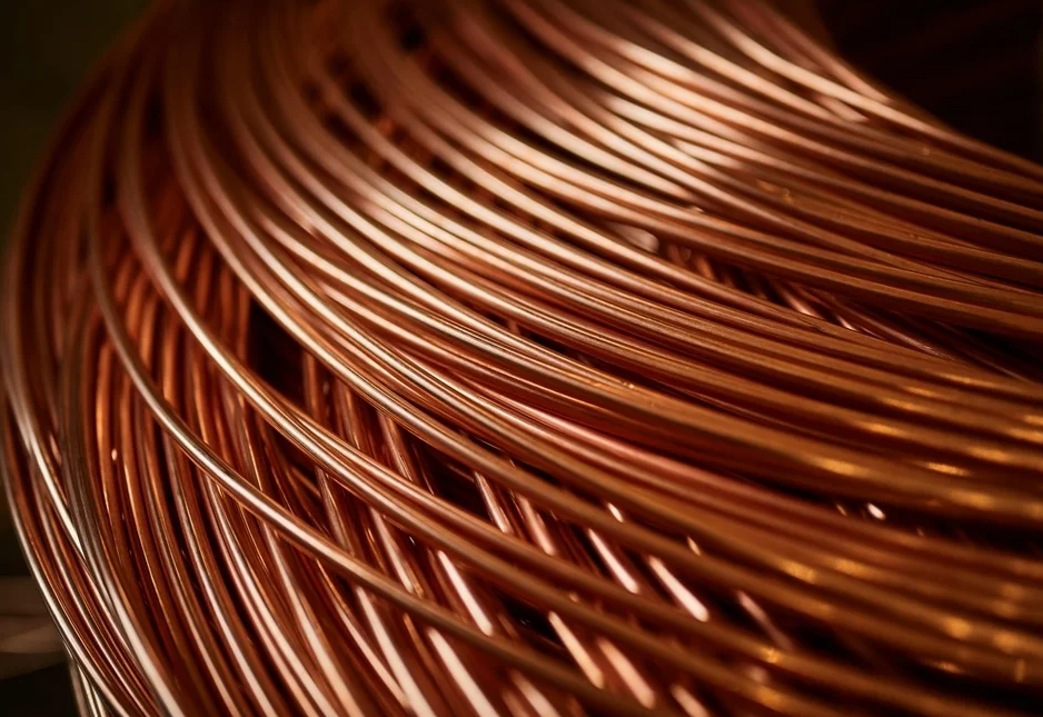 A spool of copper cable gleams, highlighted against a dark background.
