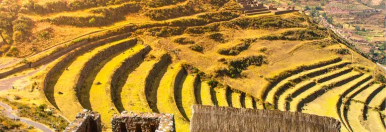 Landscape of farming on a large yellow hill with small buildings