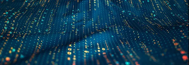 Orange ones and zeroes and cyan letters and other numbers flow in vertical lines of code interspersed with blue dots against a navy background, which forms waves like the surface of an ocean.