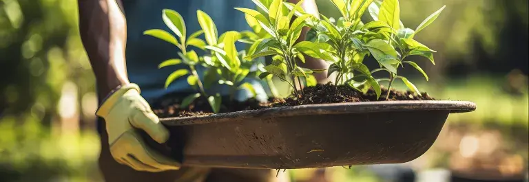 Man wearing gardening gloves holding seedlings to plant © Adobe Stock
