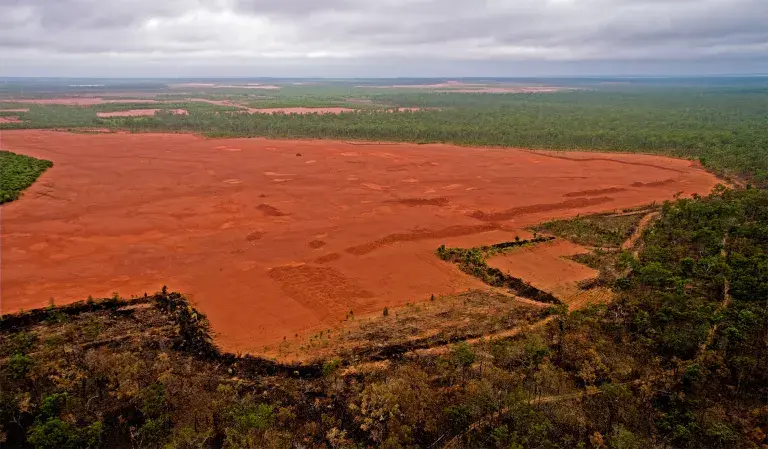 Aerial view of orange bauxite mine