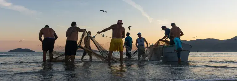 Aquaculture producers working at sunset against a clear sky