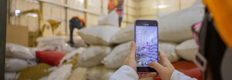 A person takes a photo with their phone of piles of sacks with coffee in