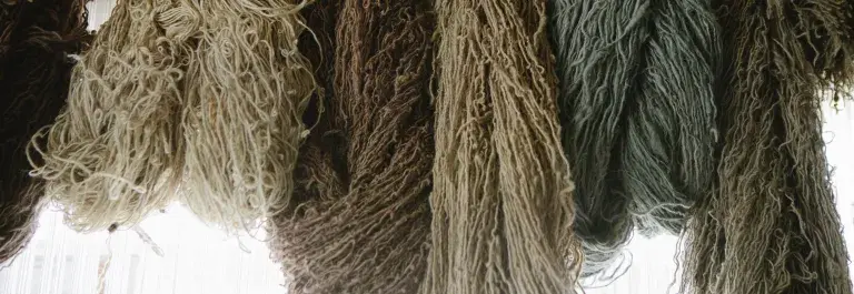 Various beige and grey hanging yarns © GoodWeave