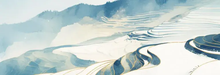 Illustrated version of terraced farm landscape and mountains in blue and gold colours, including CCPIT and ISEAL logos