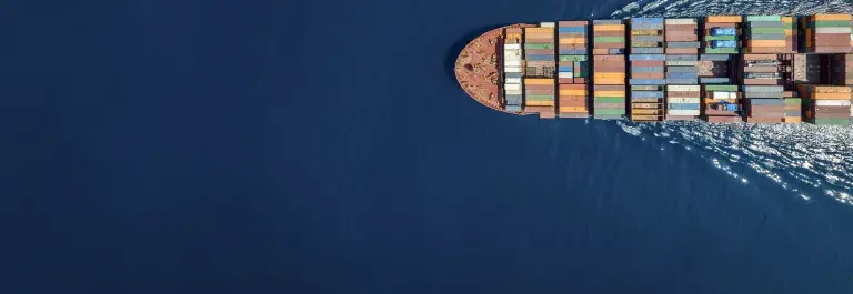 Birds eye view of a shipping container ship on the water, going right to left across the shot