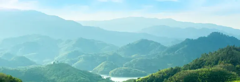 Green landscape of mountains covered in forest with a river © Adobe Stock
