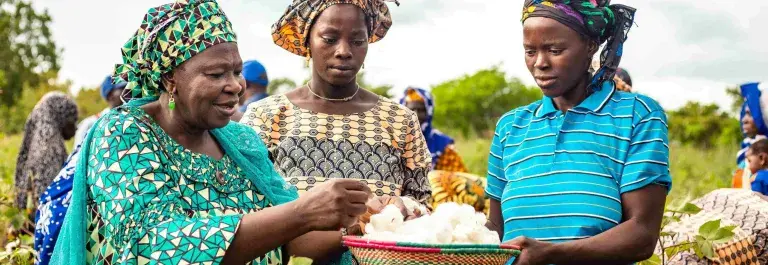 Women look at contents of a bowl in Mali © Better Cotton Initiative
