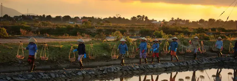 Farmers in rice hats walking along a riverbank carrying goods on their shoulders © Pexels