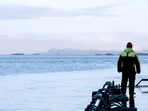Man standing in icy landscape by the water © ASC
