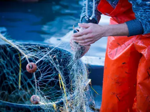 A fisher stands by a net wearing red waders © Adobe Stock