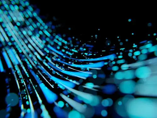 Data visualisation of many blue coloured lines curving in a path © Adobe Stock