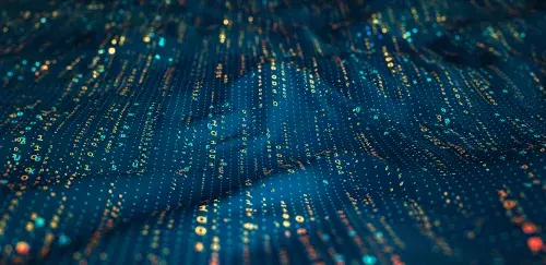 Orange ones and zeroes and cyan letters and other numbers flow in vertical lines of code interspersed with blue dots against a navy background, which forms waves like the surface of an ocean.