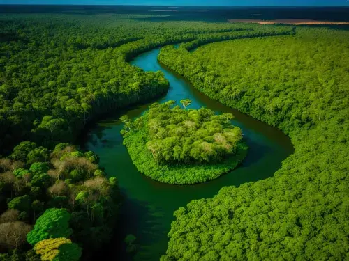Aerial shot of a river winding through dense green forest &copy; Adobe Stock