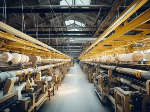 Large warehouse with lots of machinery and yellow metal frame © Adobe Stock