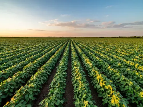 Rural landscape of a vast soybean field at sunset