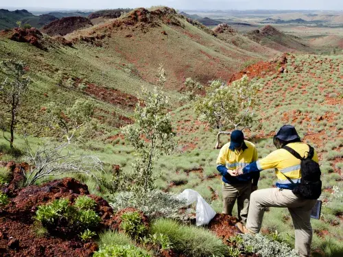 Geologists checking soil in a green and brown dry landscape © Adobe Stock