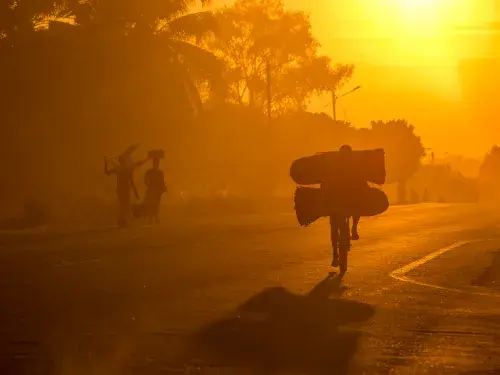 Silhouettes of workers commuting by foot and by bike in the sunset