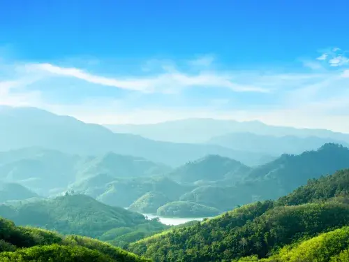Green landscape of mountains covered in forest with a river © Adobe Stock