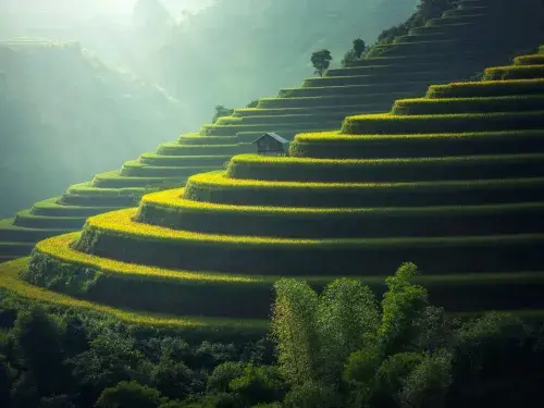 Scenic view of sunlight radiating off a rice paddy